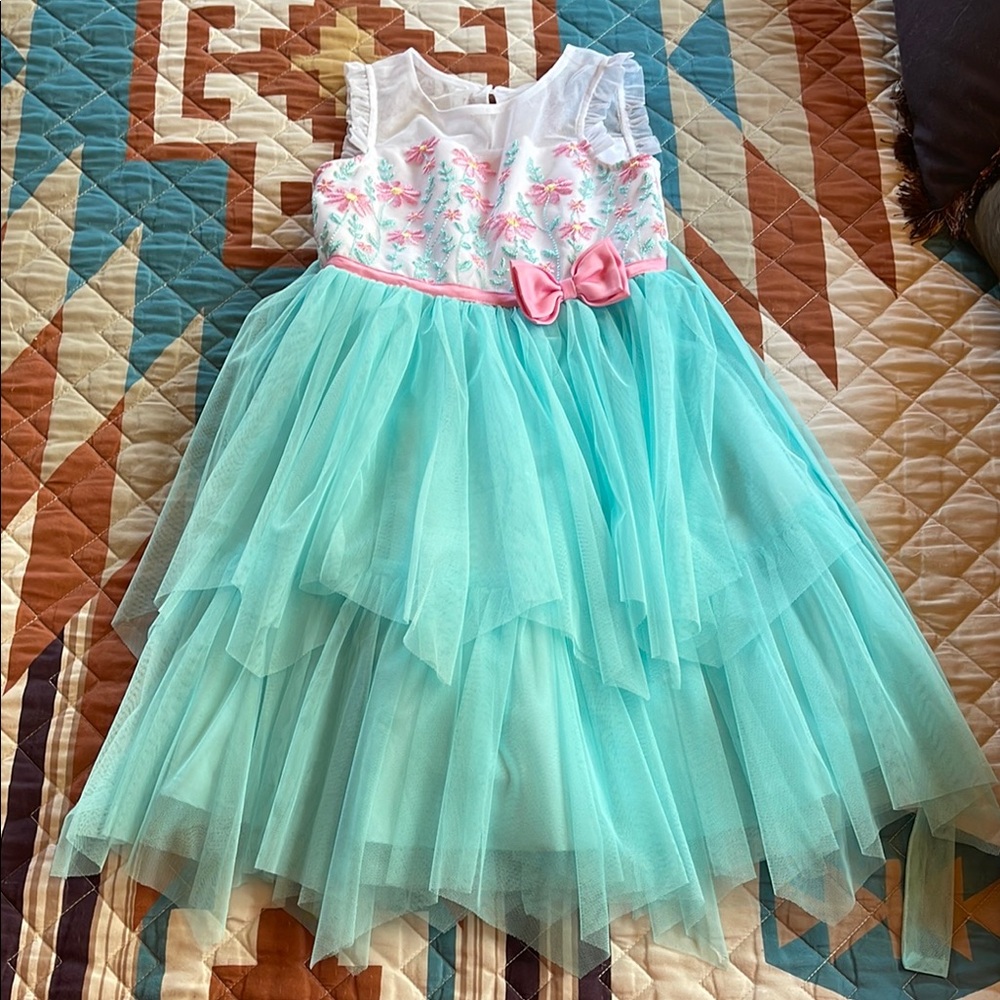 Floral Embroidered Dress with Aqua Tulle Skirt